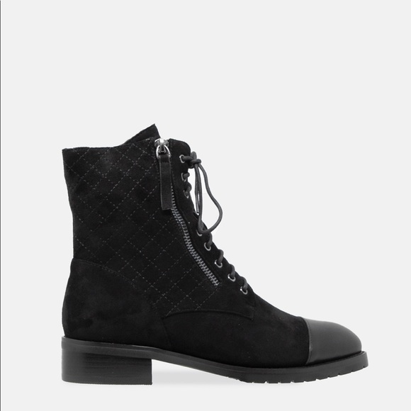 Quilted Detail Lace Up Ankle Boots with Rubber Lug Sole in Black Faux Suede US 7 - Picture 3 of 16